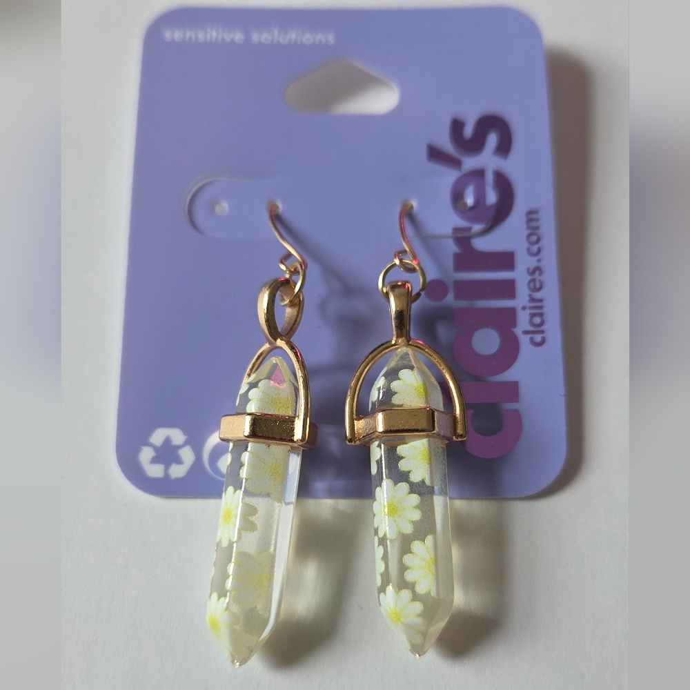 Claire's Gold Daisy Resin Point Drop Earrings - White & Yellow